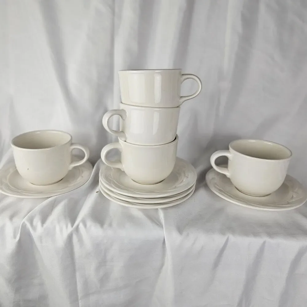 Vintage Pfaltzgraff ACADIA WHITE 4 Tea‎ Coffee Cup & Saucer Sets USA ec 1